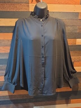 NYDJ Black Ruffle Neck Button-Front Blouse